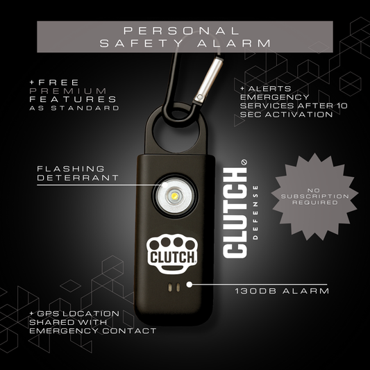 THE SNITCH CLUTCH DEFENSE© KEYCHAIN PERSONAL SAFETY ALARM. AUTOMATIC 911 CALL & EMERGENCY CONTACT GPS LOCATION.